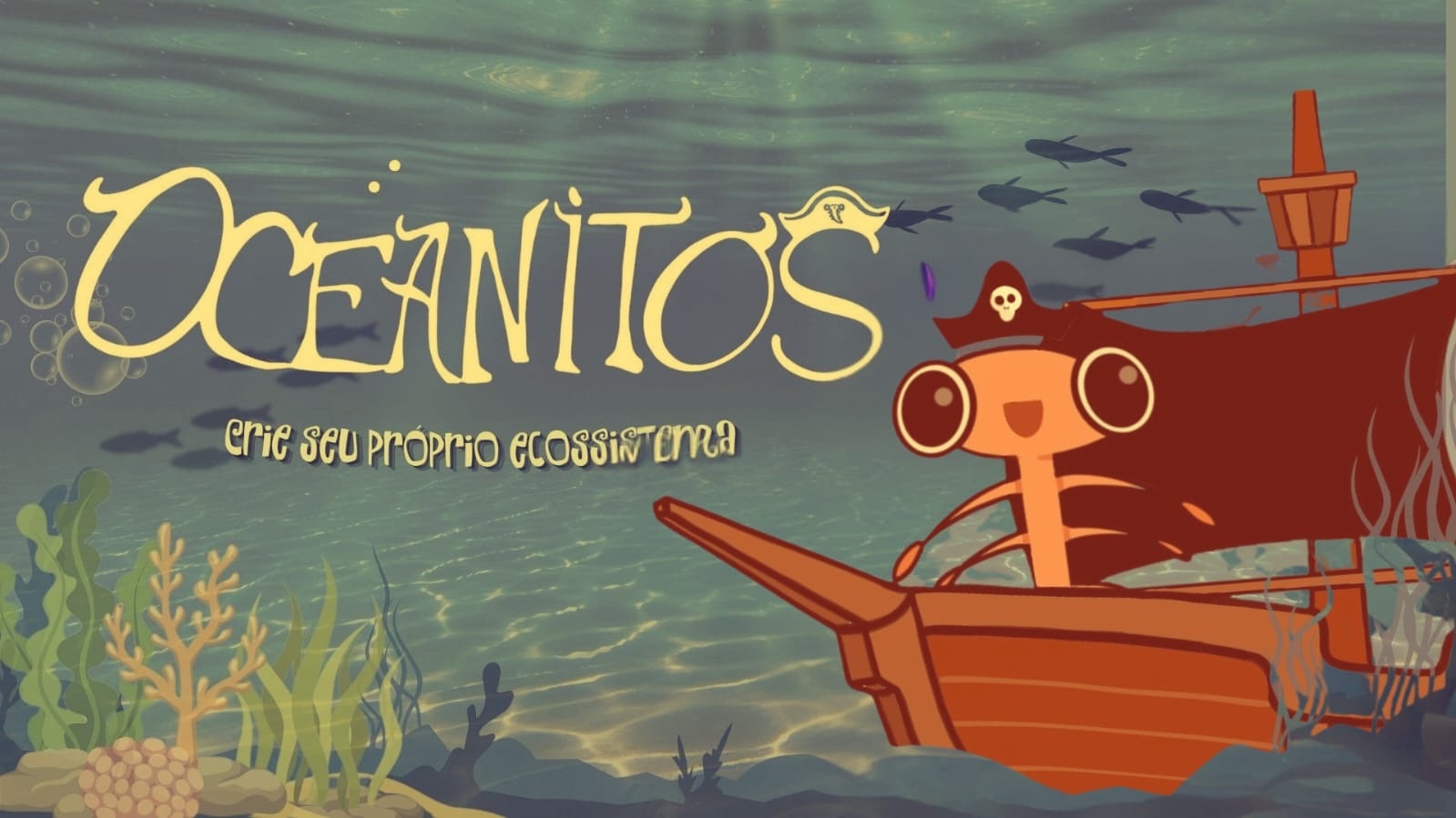 Arte Oceanitos em tons amarelos com uma artêmia pirata navegando em um barco