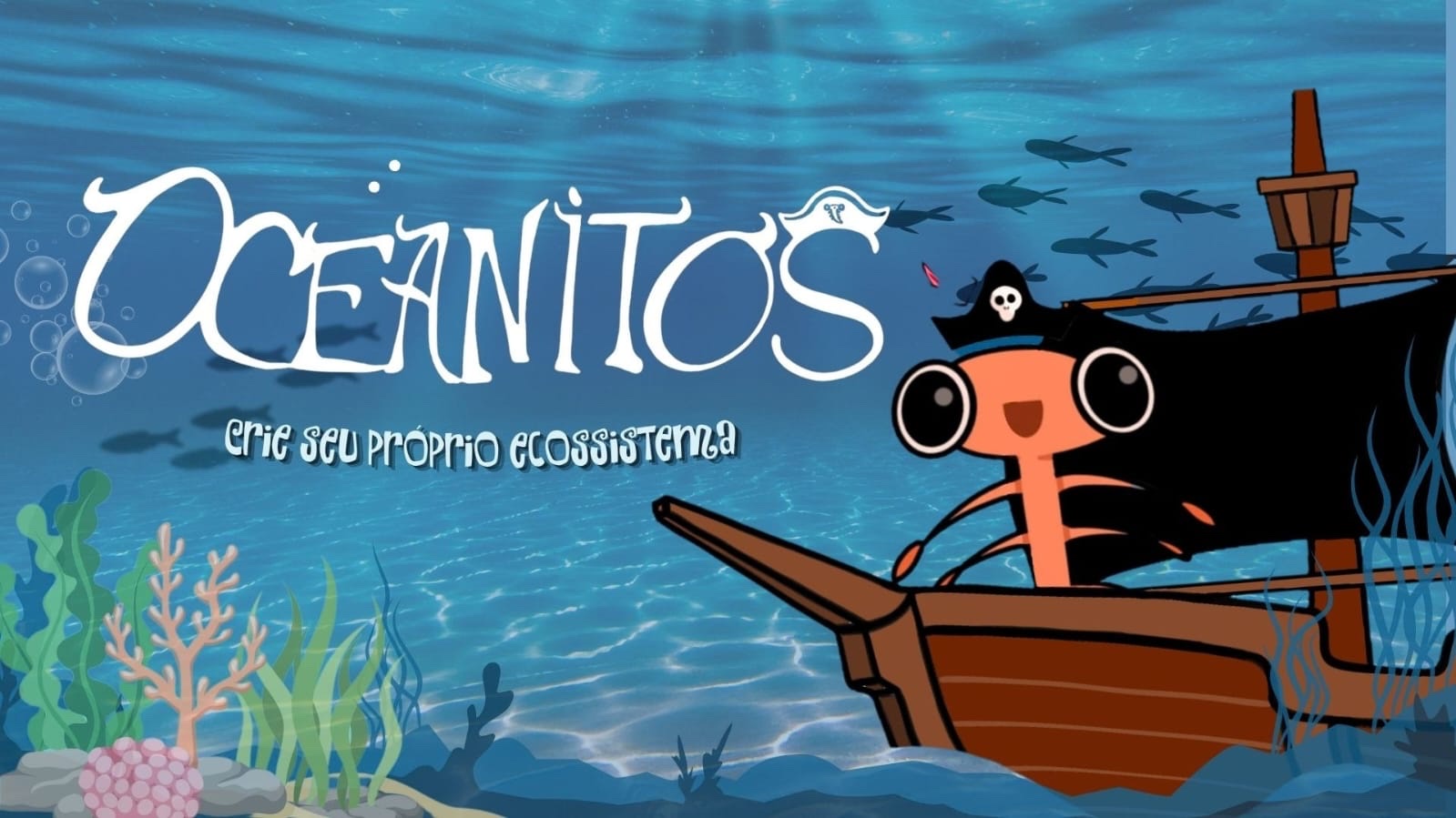 Arte Oceanitos no fundo do mar azul com uma artêmia pirata navegando em um barco